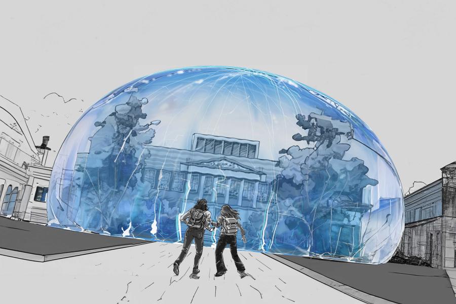 drawing of two students watching as a blue protective dome covers their school campus