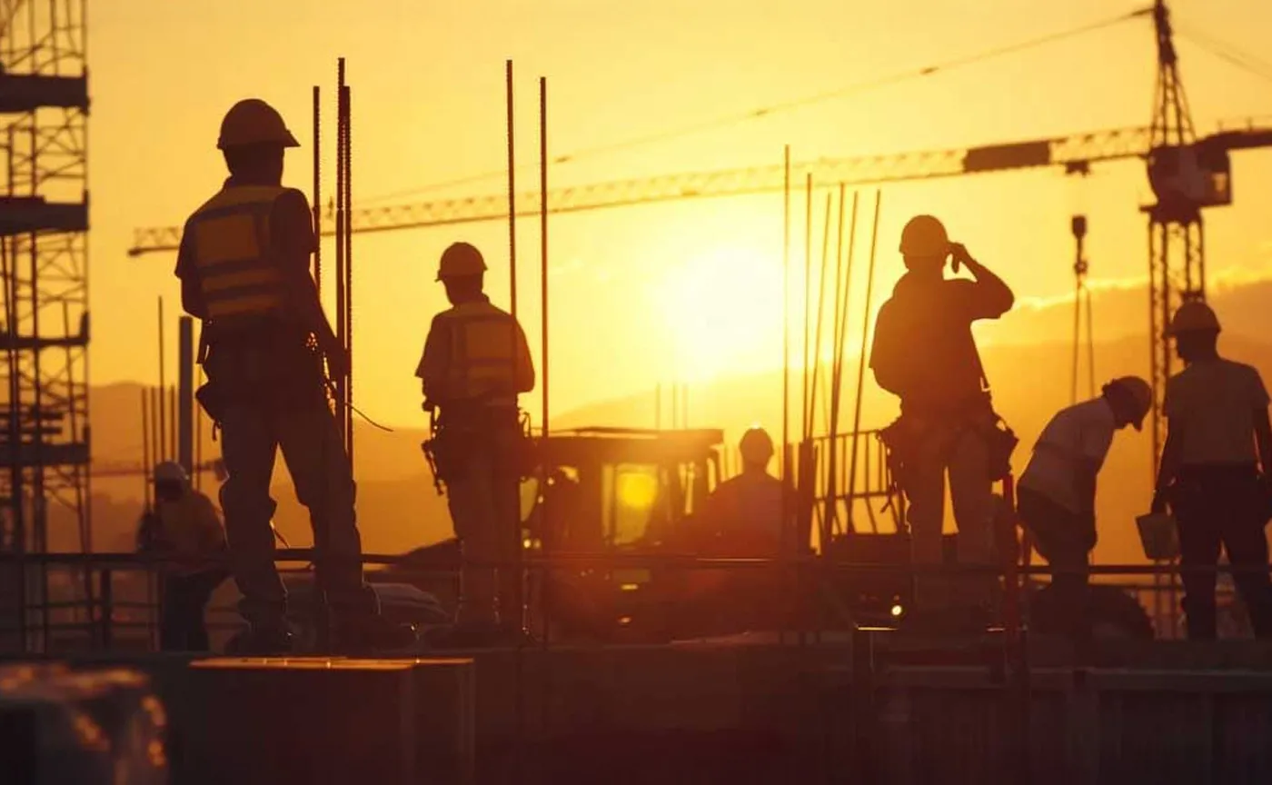 construction site workers at sunset